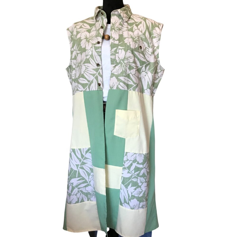 Patchwork Boho Duster Upcycled Tropical Print Layering Jacket Plus Size XL